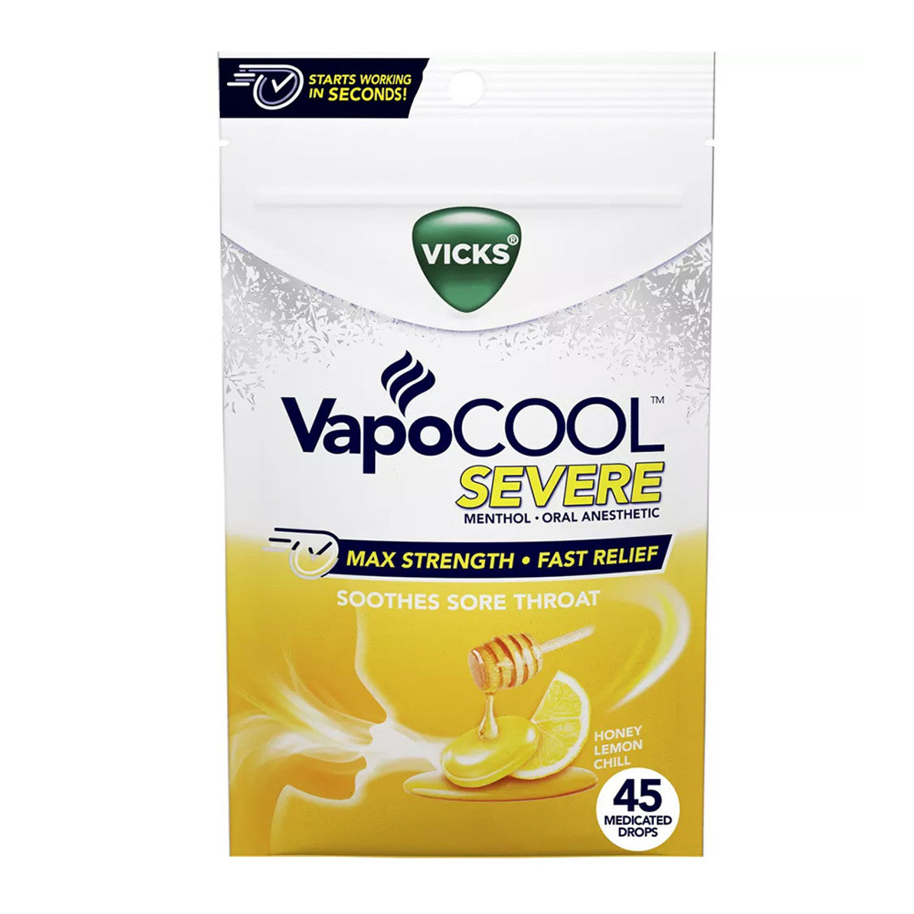 Vicks VapoCool Severe Medicated Drops, Soothes Sore Throat, Honey Lemon Chill, 45 Ea