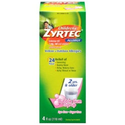 Zyrtec 24 Hr Childrens Allergy Syrup with Cetirizine, Dye & Sugar Free, Bubble Gum, 4 fl. Oz