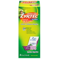 Zyrtec Childrens Allergy Syrup, Dye Free, Sugar Free Grape, 4 Ounce