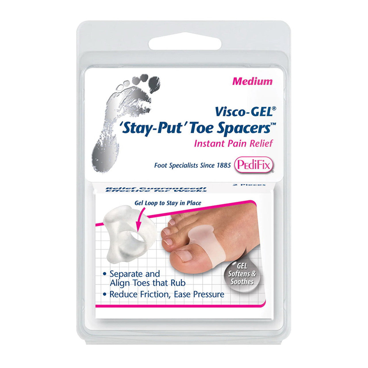 Visco Gel Stay Put Toe Spacers Instant Pain Relief, Small, 2 Ea