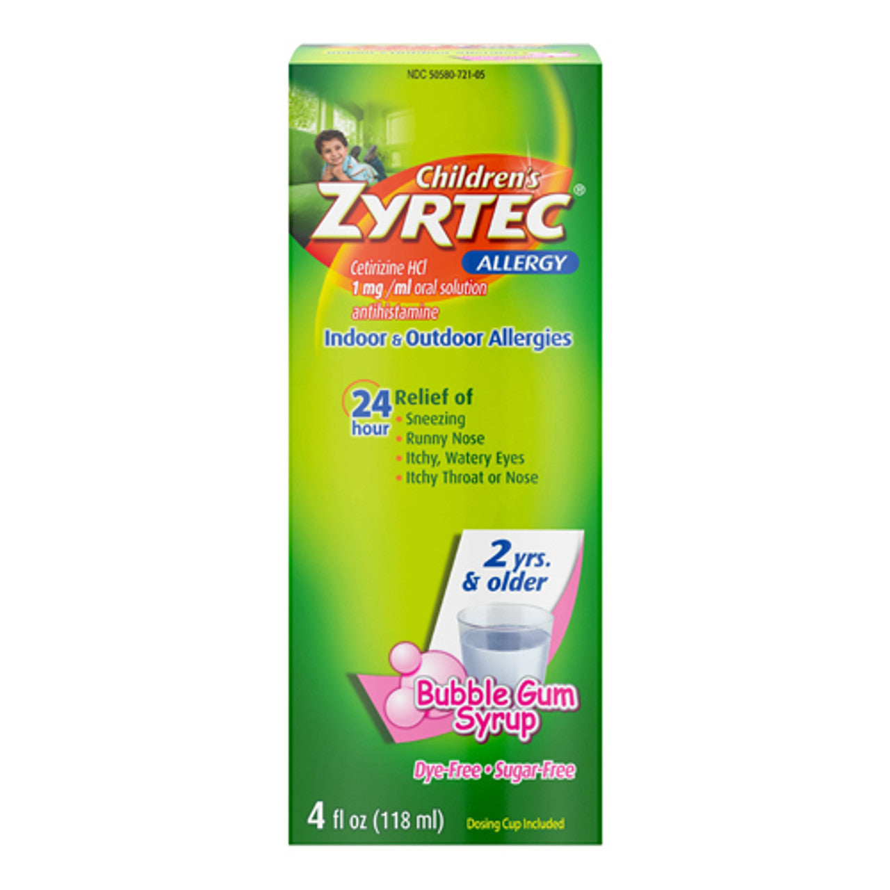 Zyrtec Childrens Allergy Bubble Gum Syrup, Sugar and Dye Free For 2+ Years 4 oz