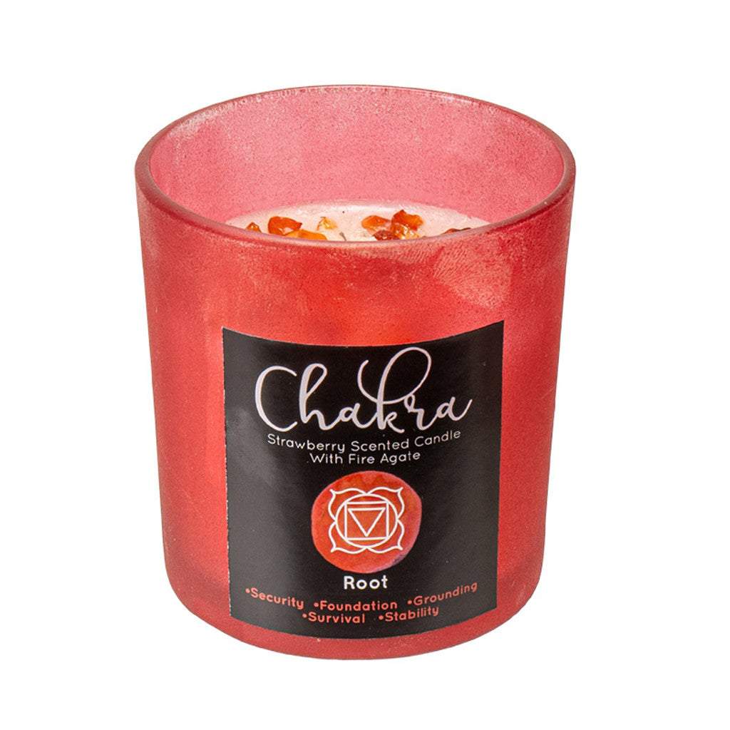 Root Chakra Strawberry Scented Candle with Fire Agate