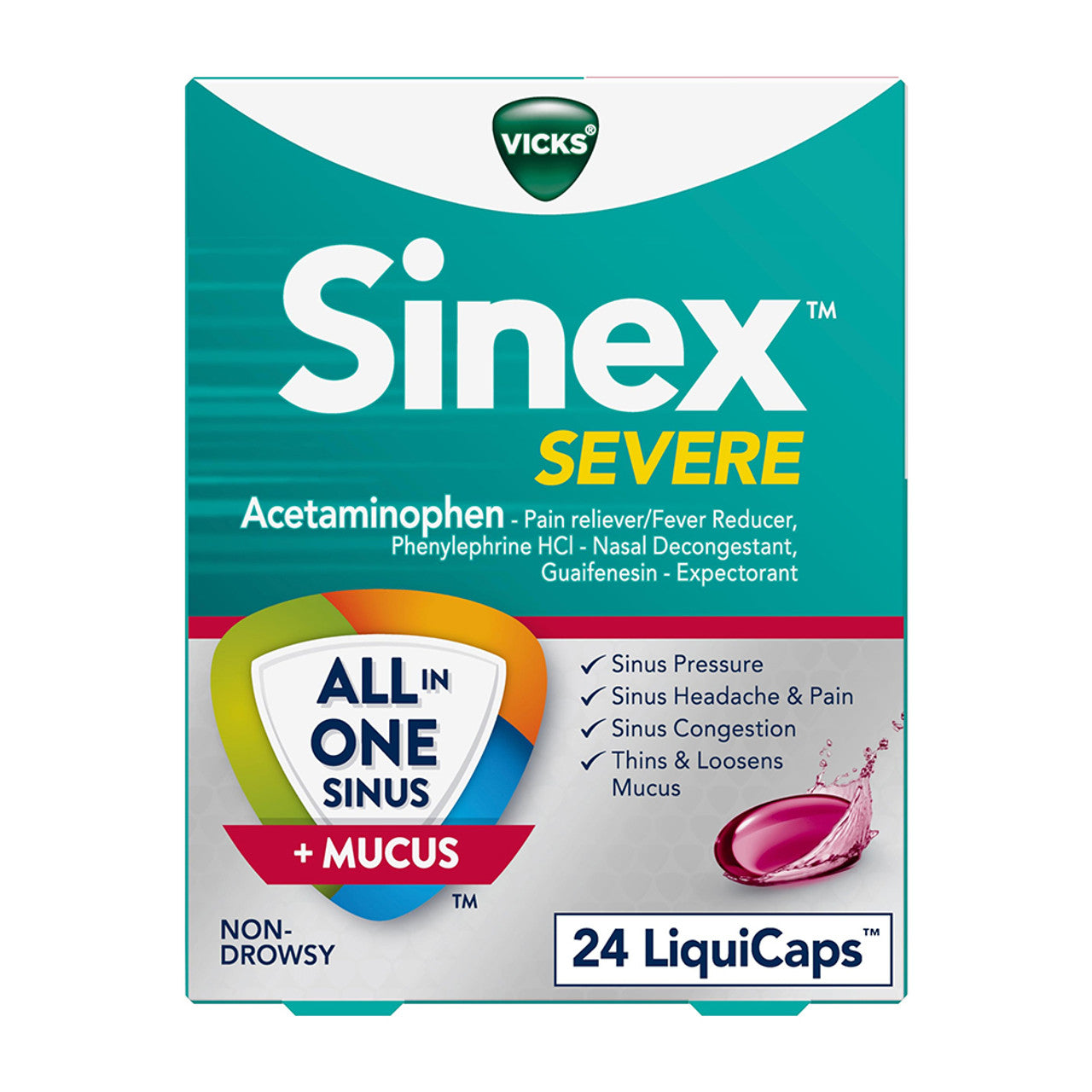 Vicks Sinex Severe All In One Sinus Headache Pain, Pressure And Congestion Relief Liquid Capsules, 24 Ea