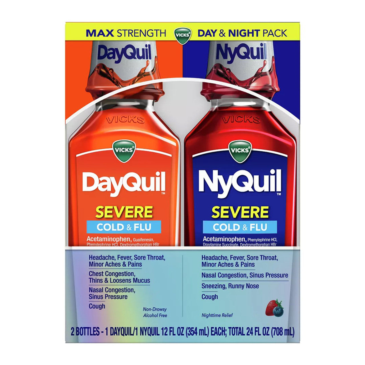 Vicks DayQuil And NyQuil Severe Cold And Flu Medicine Liquid, Pack Of 2, 24 Oz