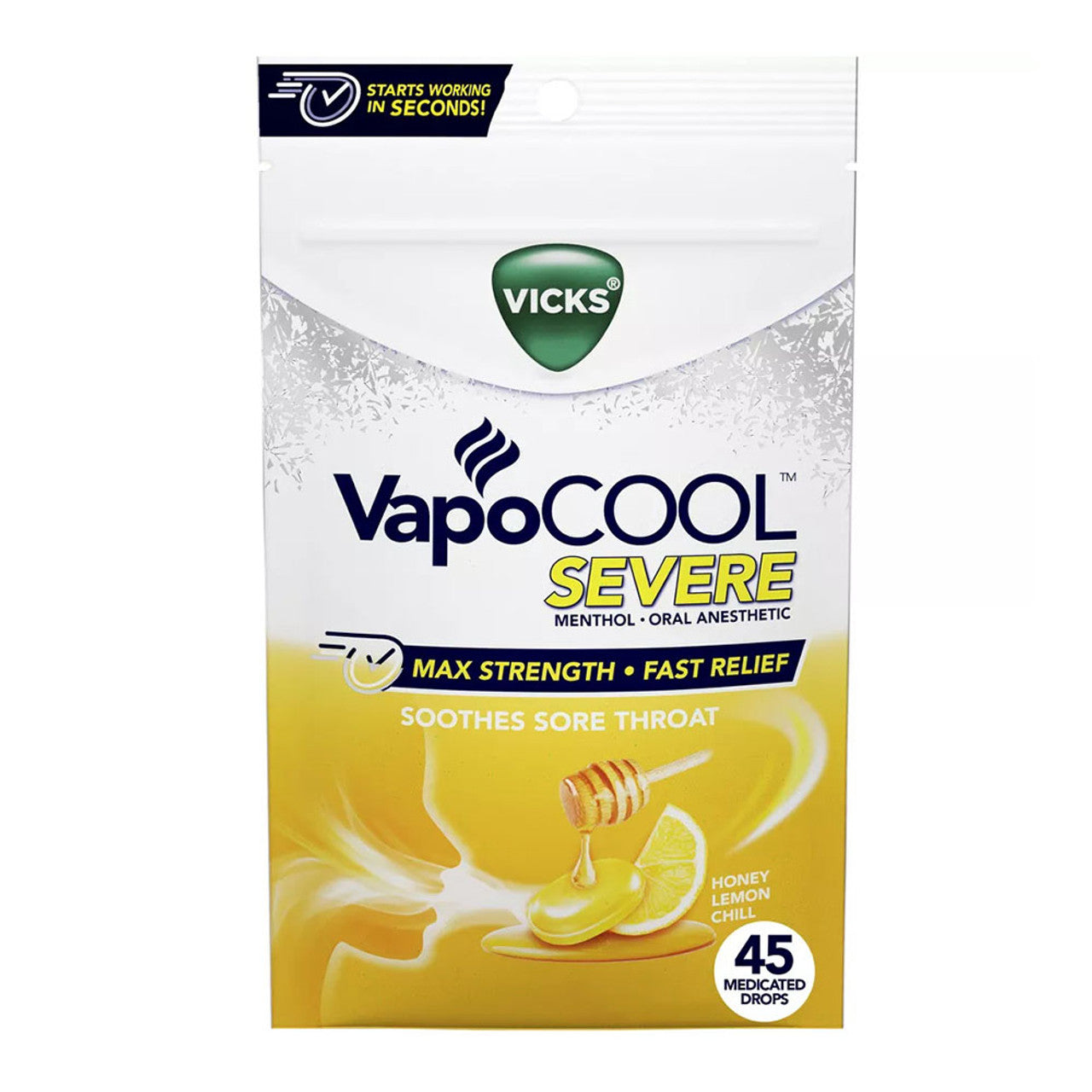 Vicks VapoCool Severe Medicated Drops, Soothes Sore Throat, Honey Lemon Chill, 45 Ea