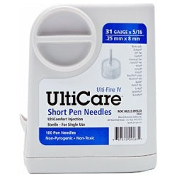 UltiCare UltiGuard Short Pen Needles, 31 ga. x 5/16, Dispenser and Sharps Container, Box of 100