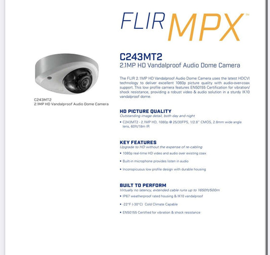 FLIR MPX  C243MT2,  2.1MP HD VANDALPROOF AUDIO DOME CAMERA