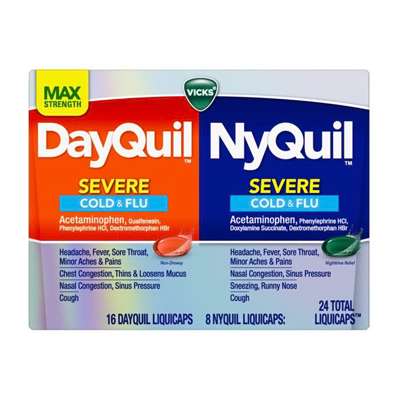 Vicks Dayquil Nyquil Severe Cough, Cold & Flu Relief LiquiCaps, 24 Ea