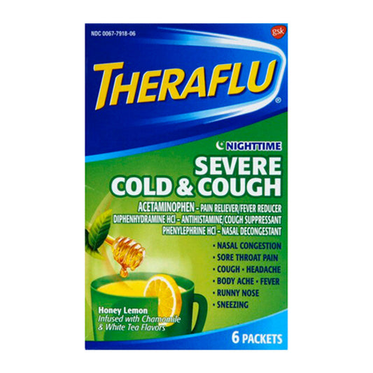 Theraflu Nighttime Severe Cold & Cough Packets, Honey Lemon, Chamomile & White Tea Flavors, 6 Ea