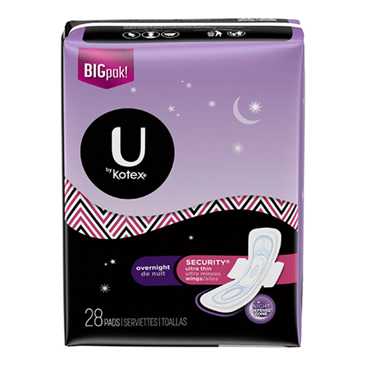 U by Kotex Security Ultra Thin Pads With Wings, Overnight 28 Count, 6 pack