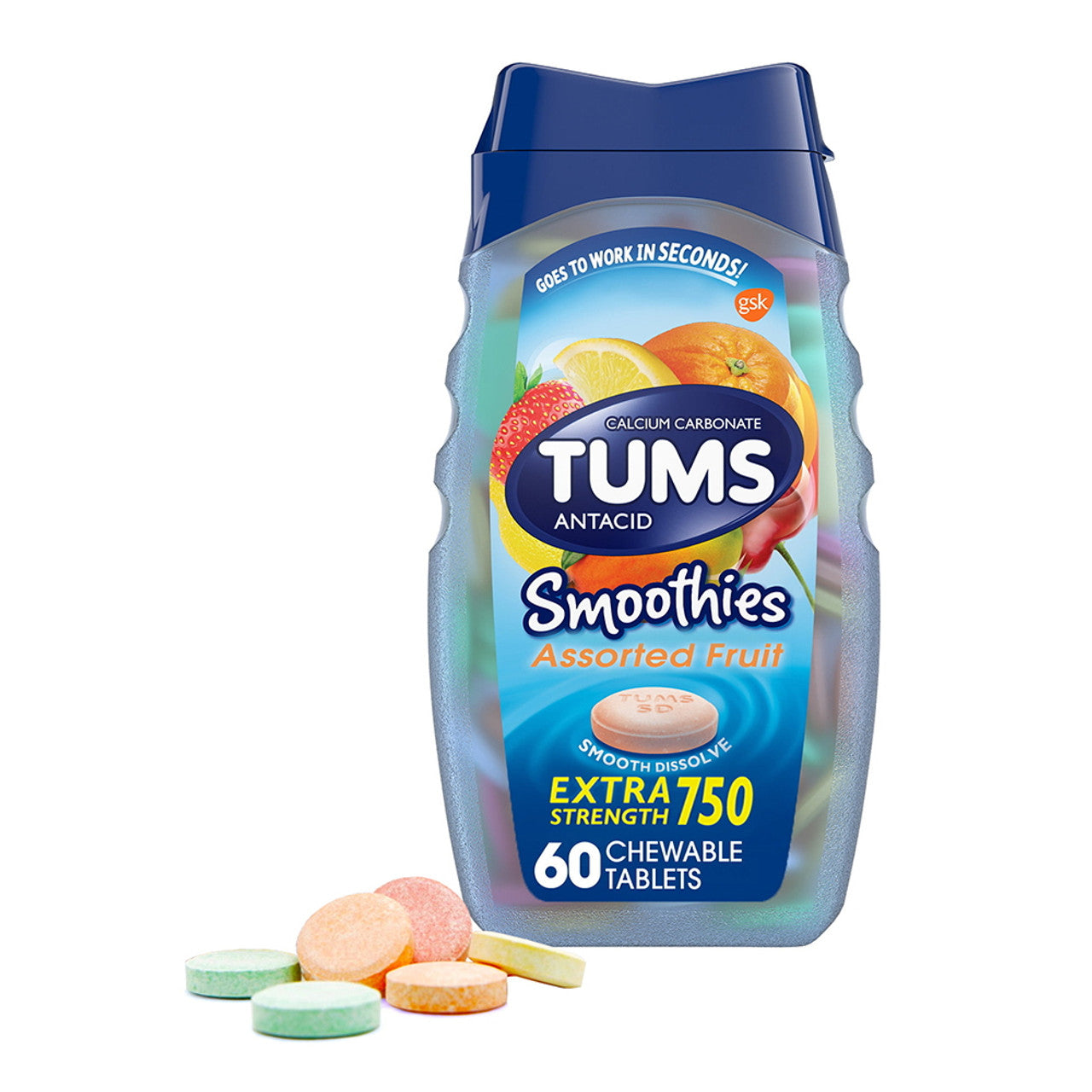 Tums Extra Strength Smoothies Assorted Fruit Antacid Chewable Tablets, 60 Ct