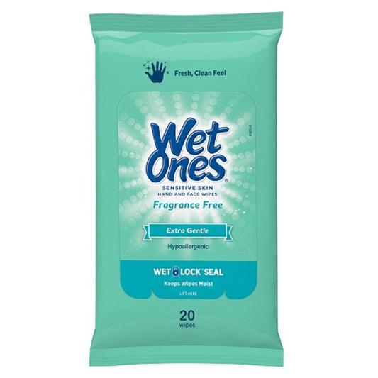 Wet Ones Sensitive Skin Hand and Face Wipes Travel Pack, Fragrance Free, 20 Ea