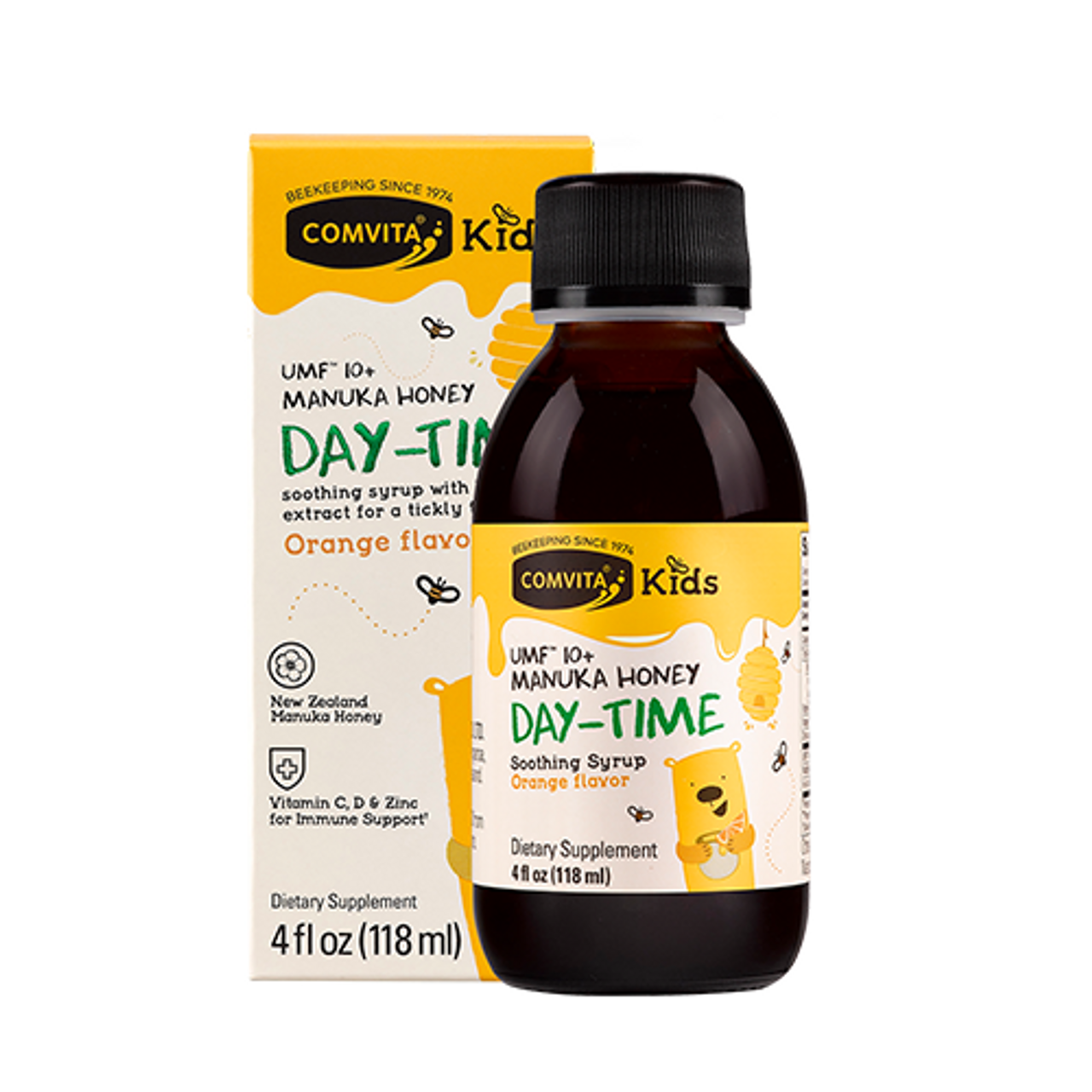 ComVitamins a Kids UMF 10+ Manuka Honey Day Time Soothing Syrup Orange Flavor, 4 Oz