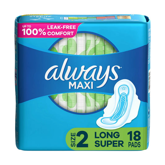 Always Maxi Size 2 Long Super Pads with Wings, 18 Ea