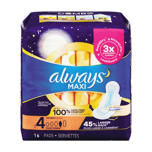 Always Maxi Over Night Pads With Wings Size 4, Unscented, 16 Ea