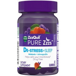 ZzzQuil PURE Zzzs, De-Stress & Sleep, Melatonin Sleep Aid with Ashwagandha, Chamomile, Lavender, & Valerian Root, Drug Free, 42 Gummies