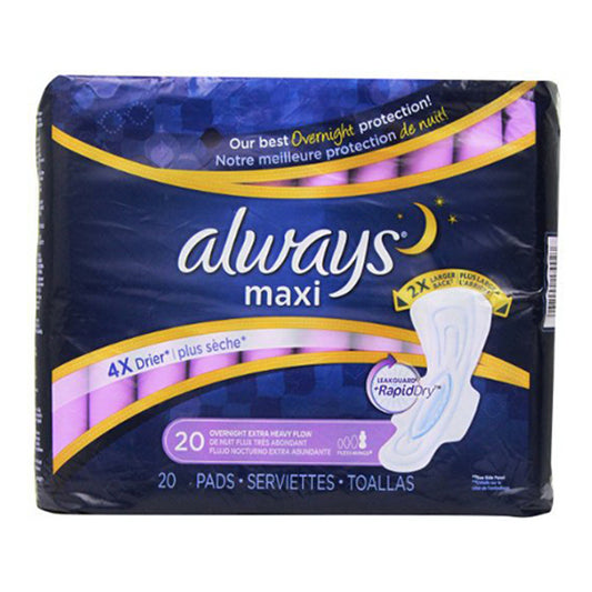 Always Maxi Pads Extra Heavy Flow Overnight Protection With Flexi Wings - 20 Pads, 6 Ea