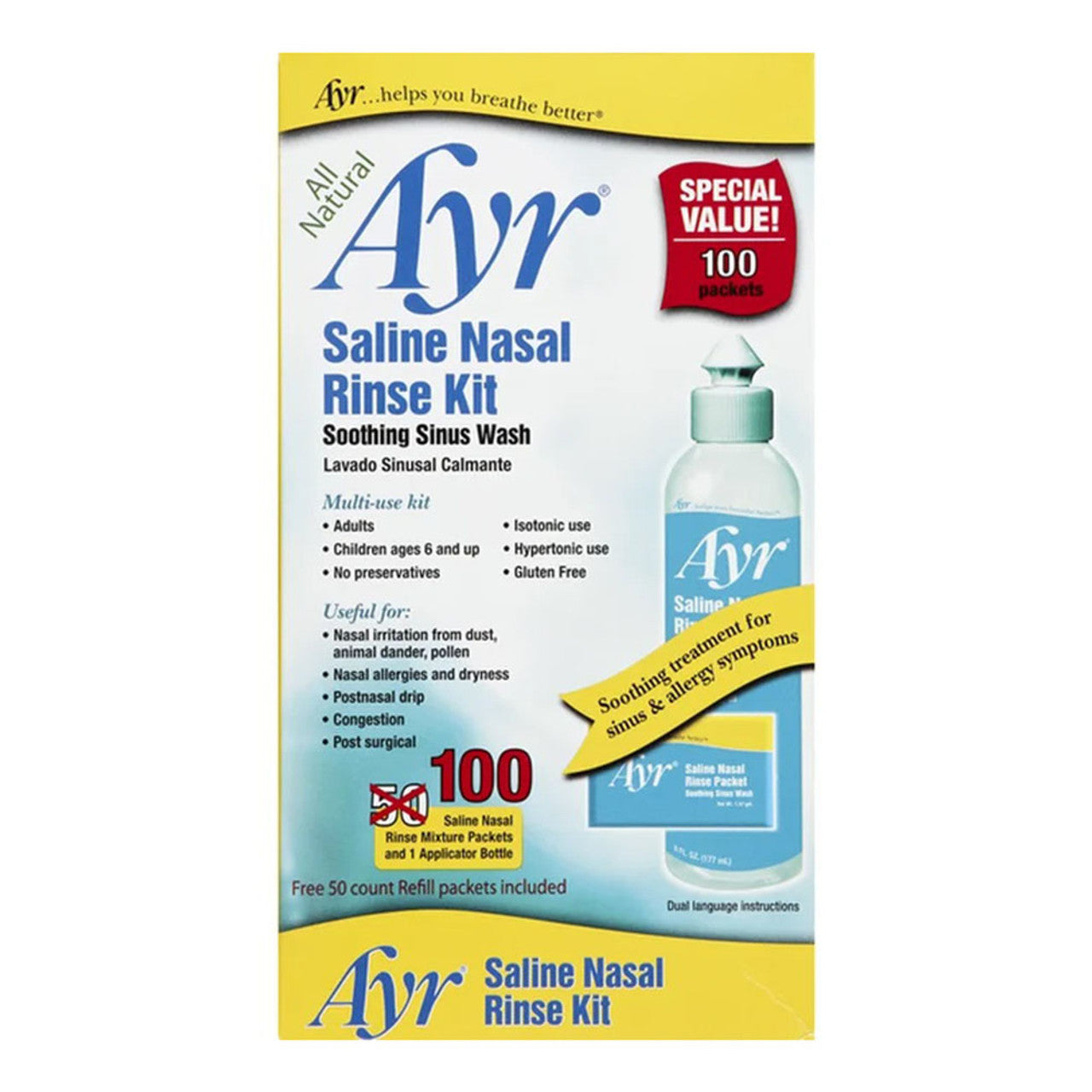 Ayr Saline Sinus Rinse Kit 100 Mix Packets Plus Applicator Bottle, 1 Ea