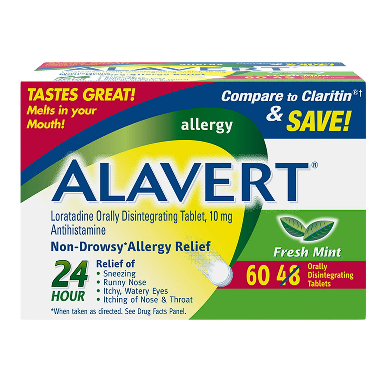 Alavert Allergy 24 Hour Relief, Fresh Mint Flavor, Orally Disintegrating Allergy Tablets 10mg, 60 Ct