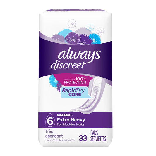 Always Discreet Women Extra Heavy Long Incontinence Pads, Size 6, Pack Of 2, 33 Ea