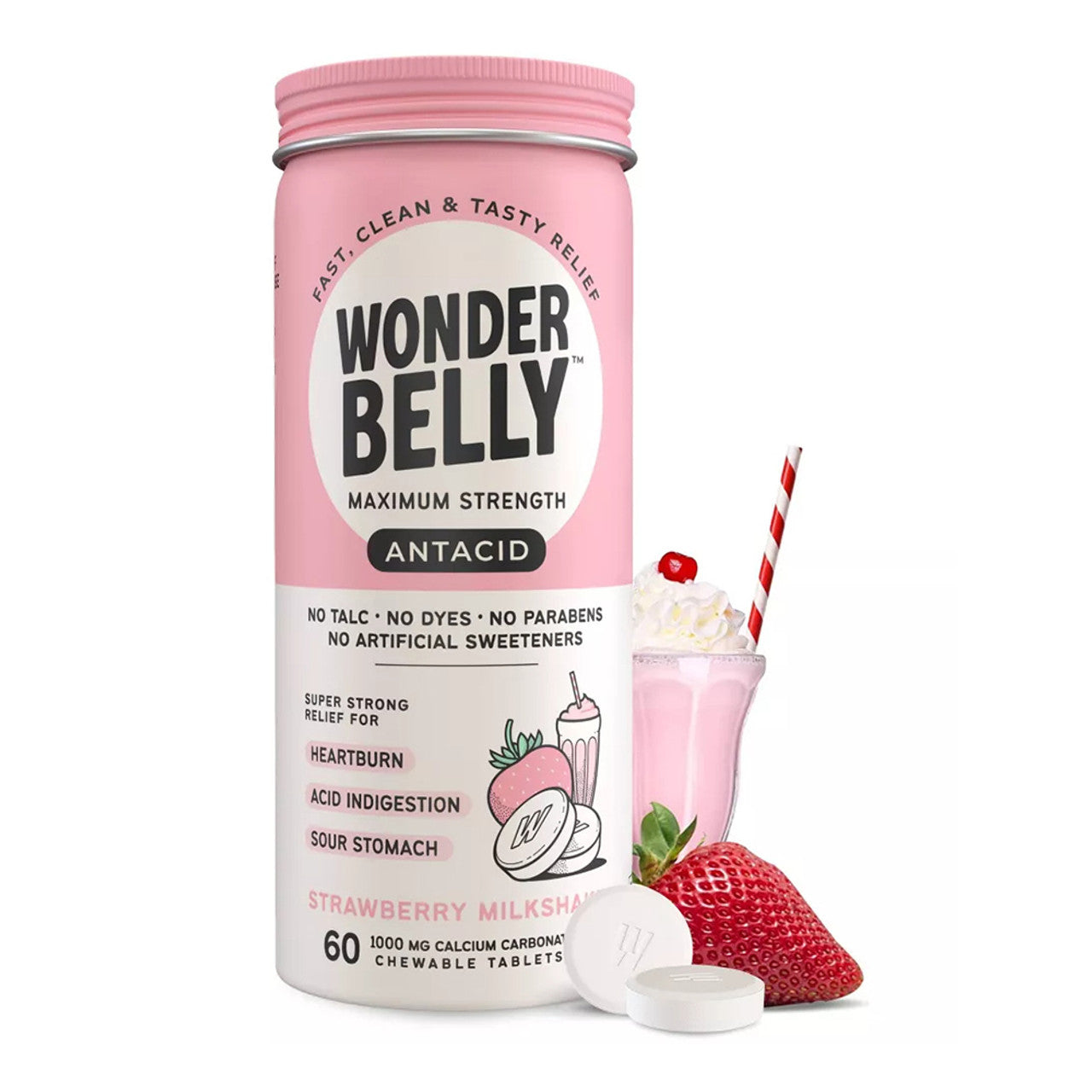 Wonderbelly Antacid 1000mg Chewable Heartburn Relief Tablets, Strawberry Milkshake, 60 Ea