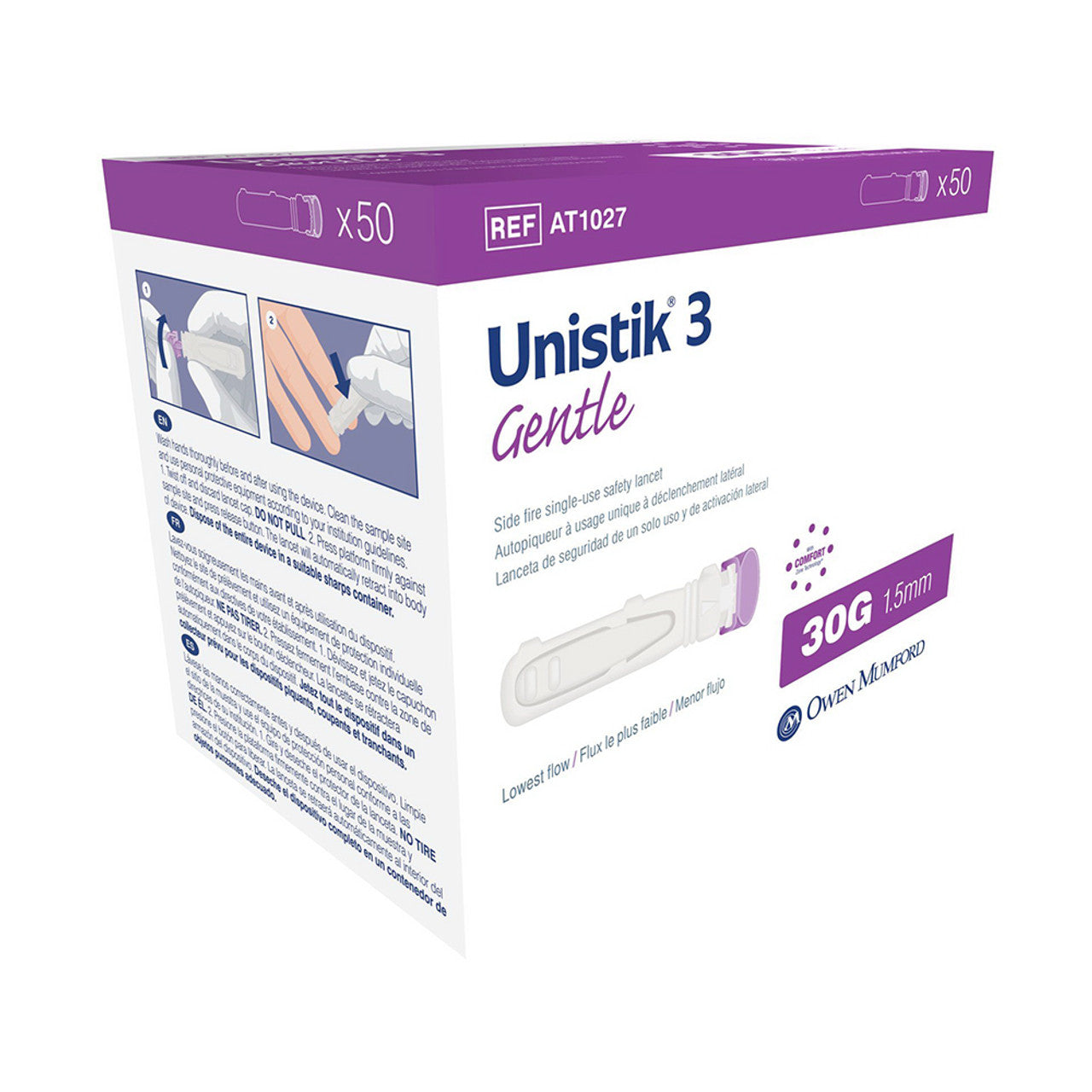 Unistik 3 Gentle 30 Gram 1.5 mm Side Fire Single Use Lancets, 50 Ea