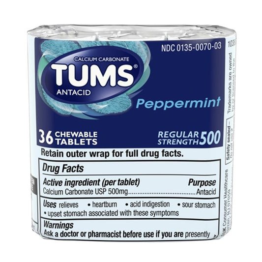 Tums Chewable Peppermint Tablets, Antacid With Calcium, 3Rolls/Pack