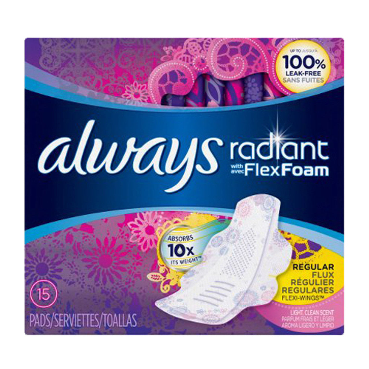 Always Radiant Infinity Pads With Wings Regular, Light Clean Scent, 15 Ea