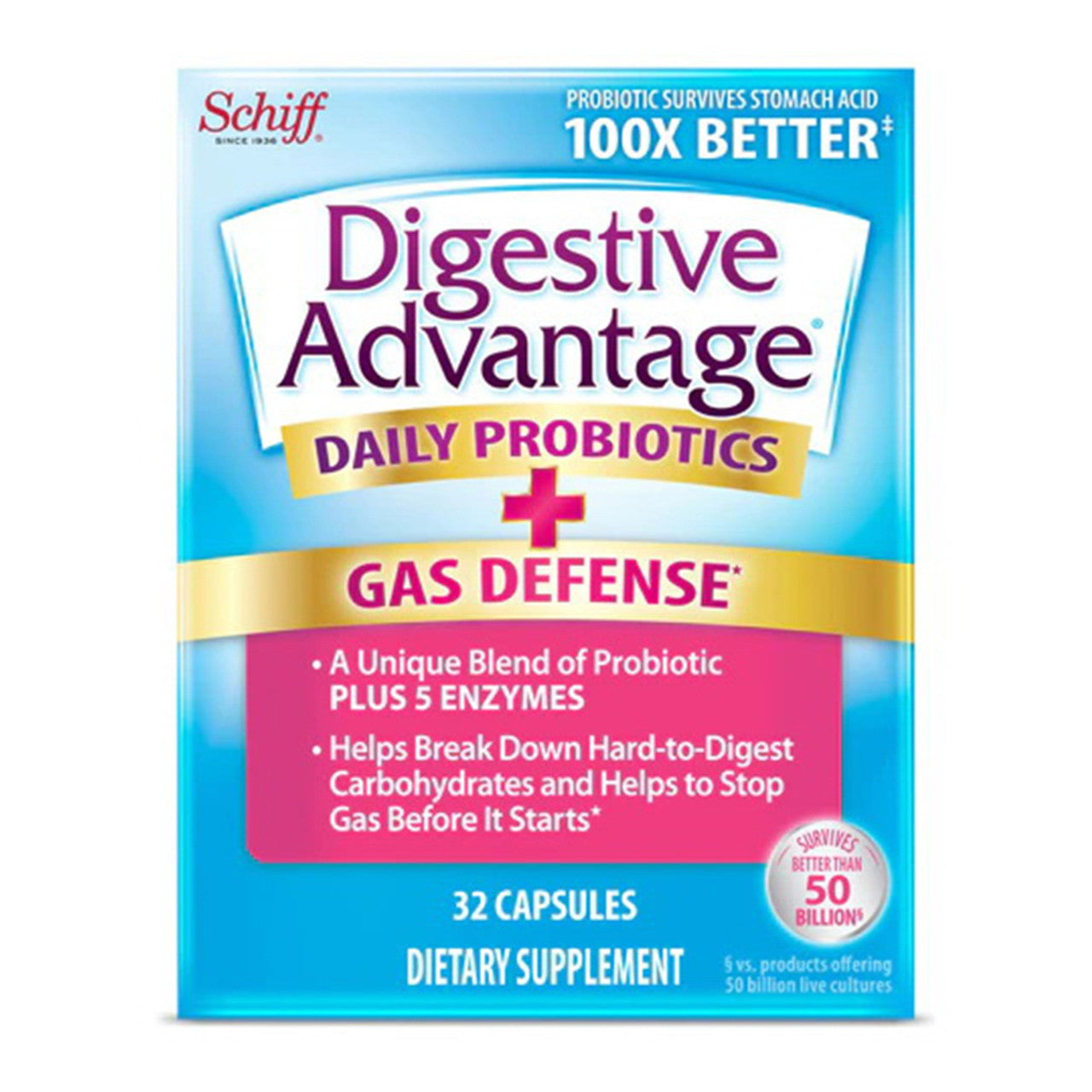 Schiff Digestive Advantage Daily Probiotic Plus Gas Defense Capsules, 32 Ea