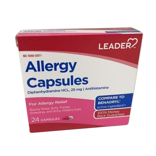 Allergy Medicine with Diphenhydramine 25mg Capsules by Leader, 24 Ea