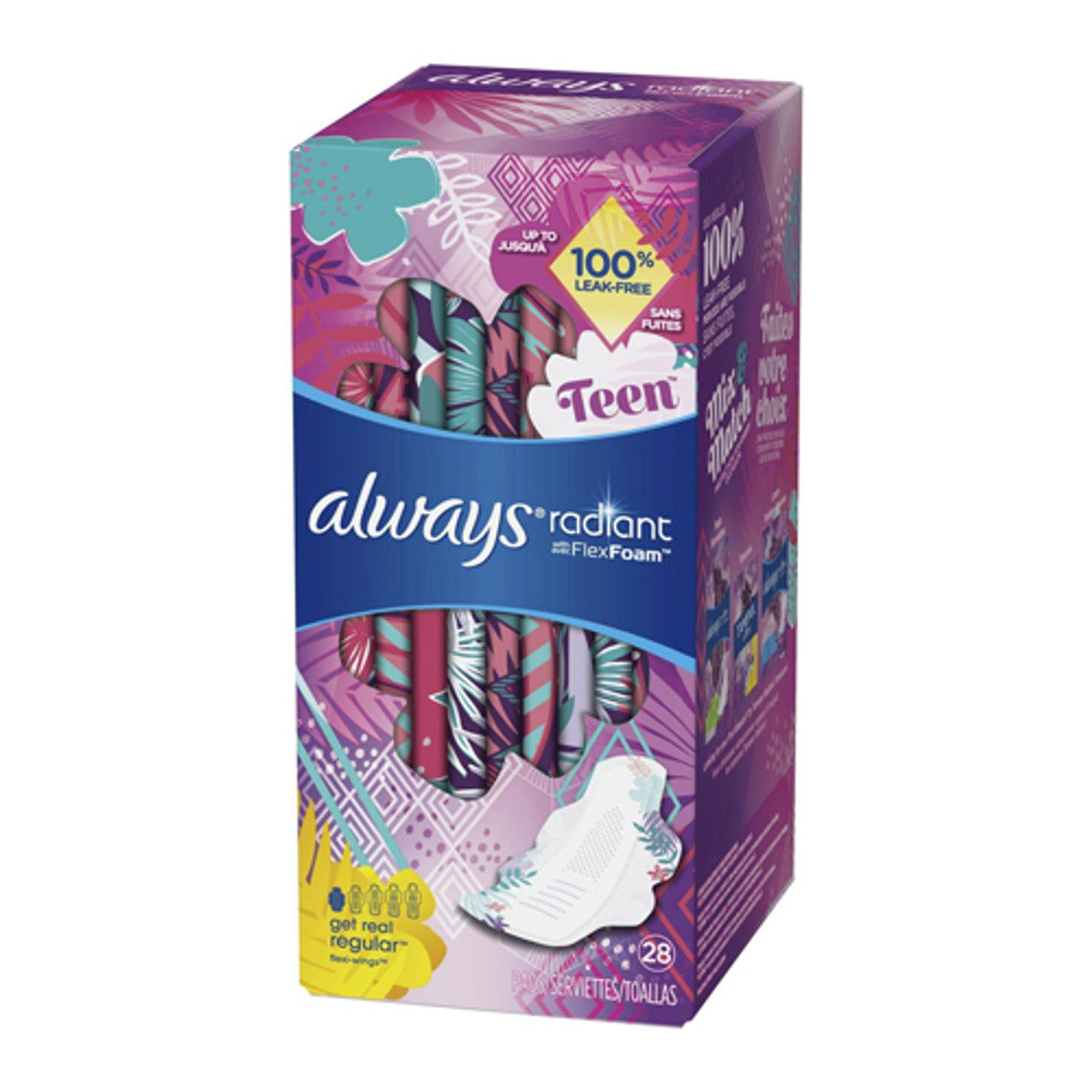 Always Radiant Teens Flex Foam Feminine Pads with Wings, 28 Ea, 6 Pack