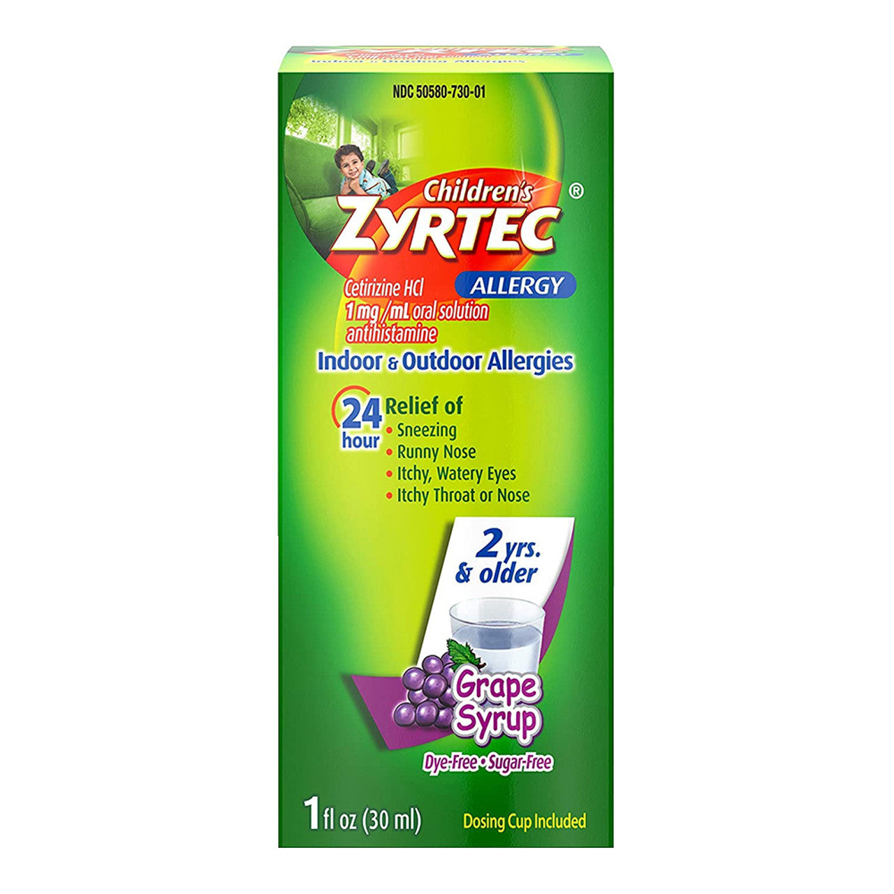 Zyrtec Childrens Allergy Syrup, Dye-Free, Sugar-Free Grape Flavor, 1 oz