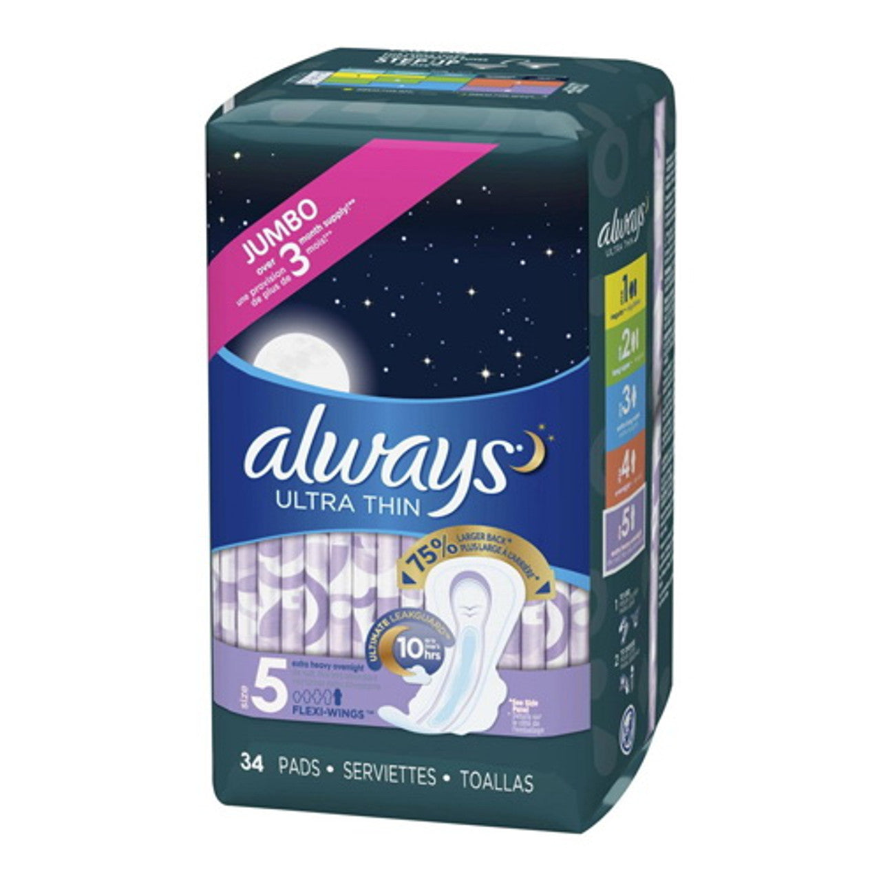 Always Ultra Thin, Size 5, Extra Heavy Overnight Pads With Wings, Unscented Jumbo, 34 Ea