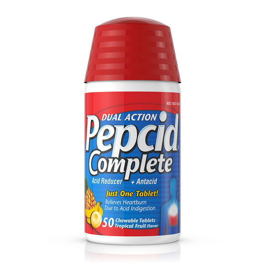 Pepcid Complete Acid Reducer And Antacid Chewable Tablets For Heartburn Relief, Tropical Fruit, 50 Ea