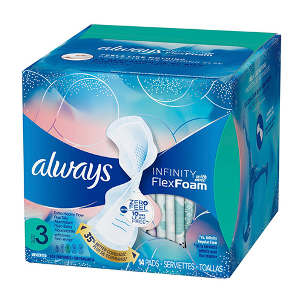 Always Infinity Size 3 Extra Heavy Flow Pads with Wing, Unscented, 14 Ea