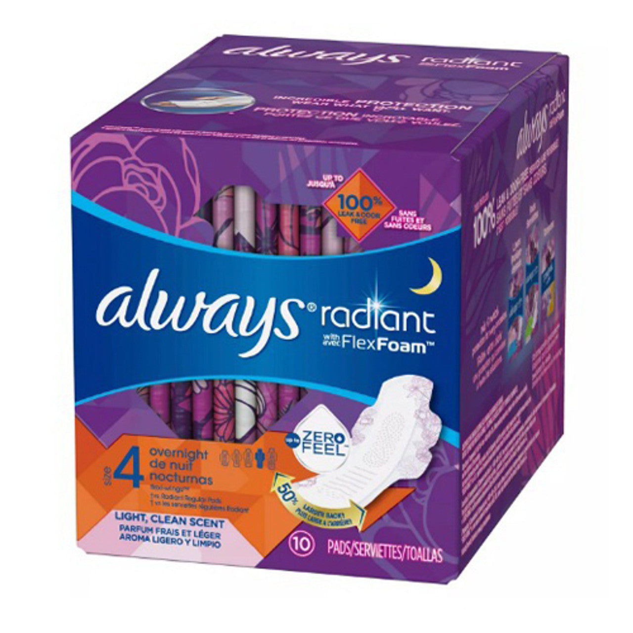 Always Radiant Size 4 Scented Overnight Sanitary Pads With Wings 10 Count, 12 Pack