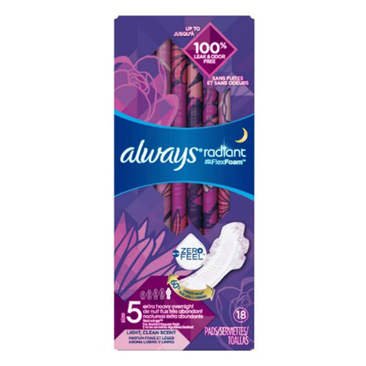 Always Radiant Size 5 Extra Heavy Absorbency Scented Overnight Sanitary Pads With Wings 18 Count, 3 Pack