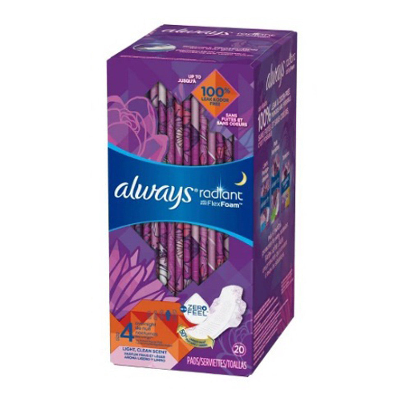 Always Radiant Size 4 Scented Overnight Sanitary Pads With Wings 20 Count, 6 Pack