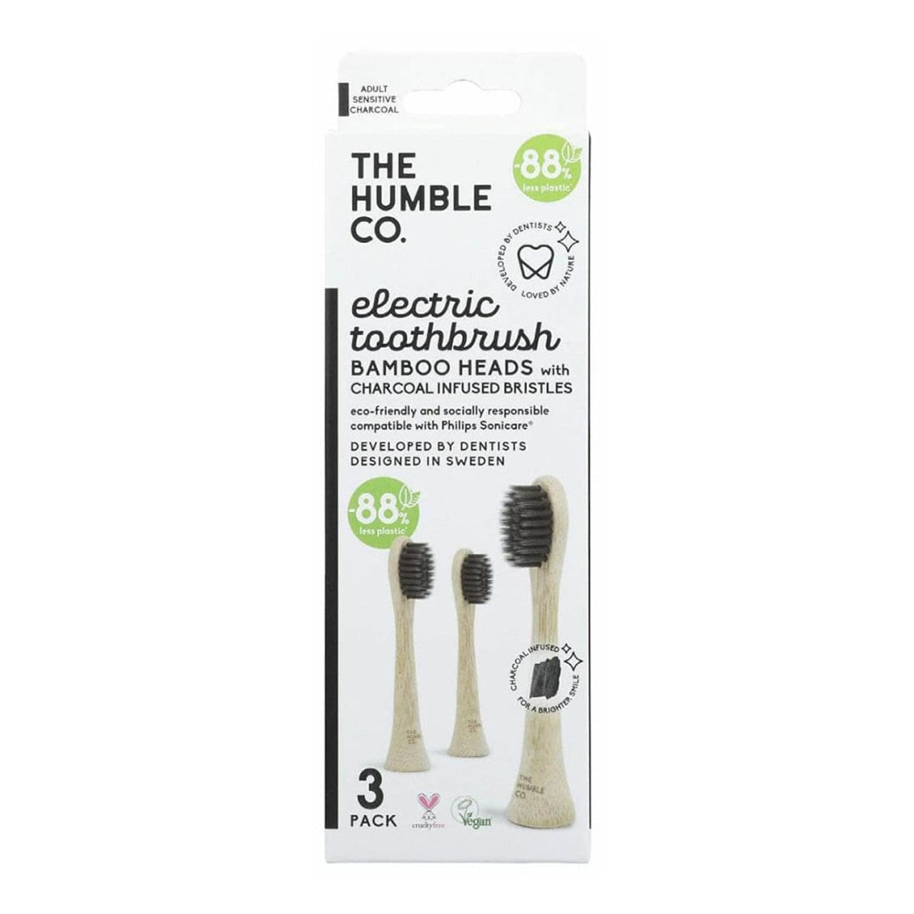 The Humble Co Electric Toothbrush Replaceable Bamboo Head With Charcoal Infused, 3 Ea