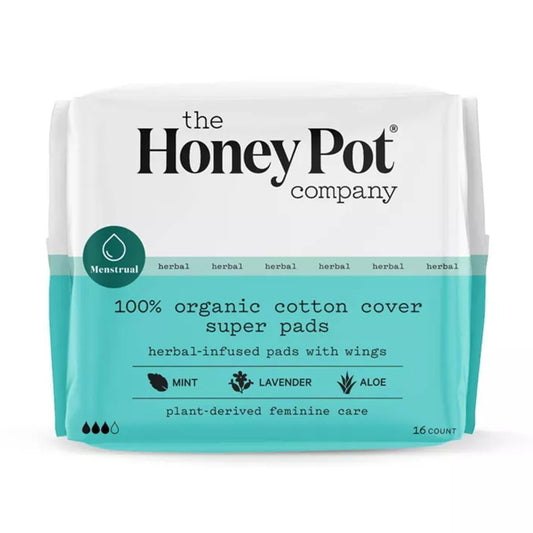 The Honey Pot Company Herbal Super Pads with Wings Organic Cotton Cover, 16 Ea