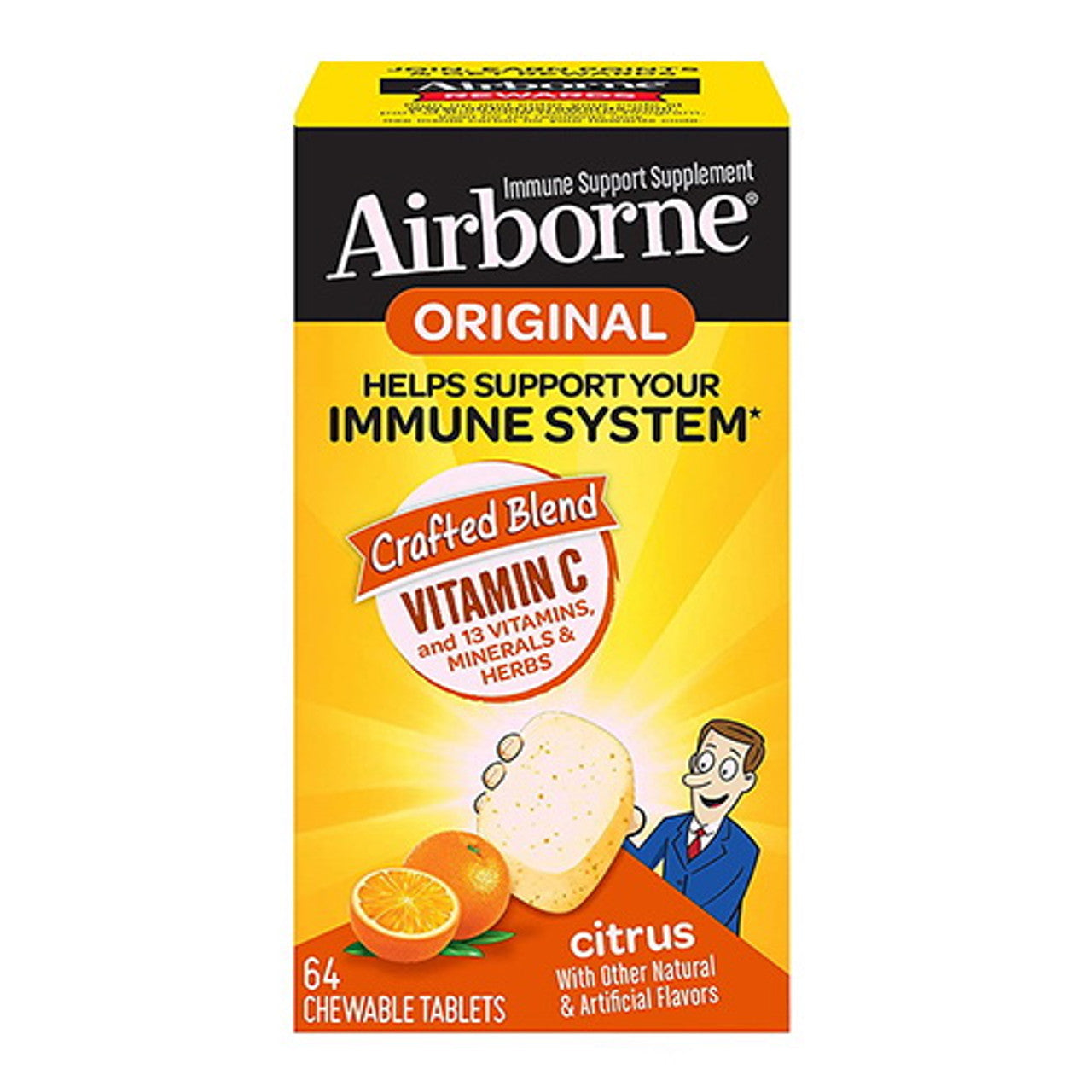 Airborne Immune Support Supplement Chewable Tablets with Vitamins amin C, Citrus, 64 Ea