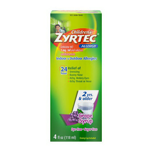 Zyrtec Childrens Allergy Syrup Grape Flavor, Sugar and Dye Free, For 2+ Years - 4 oz