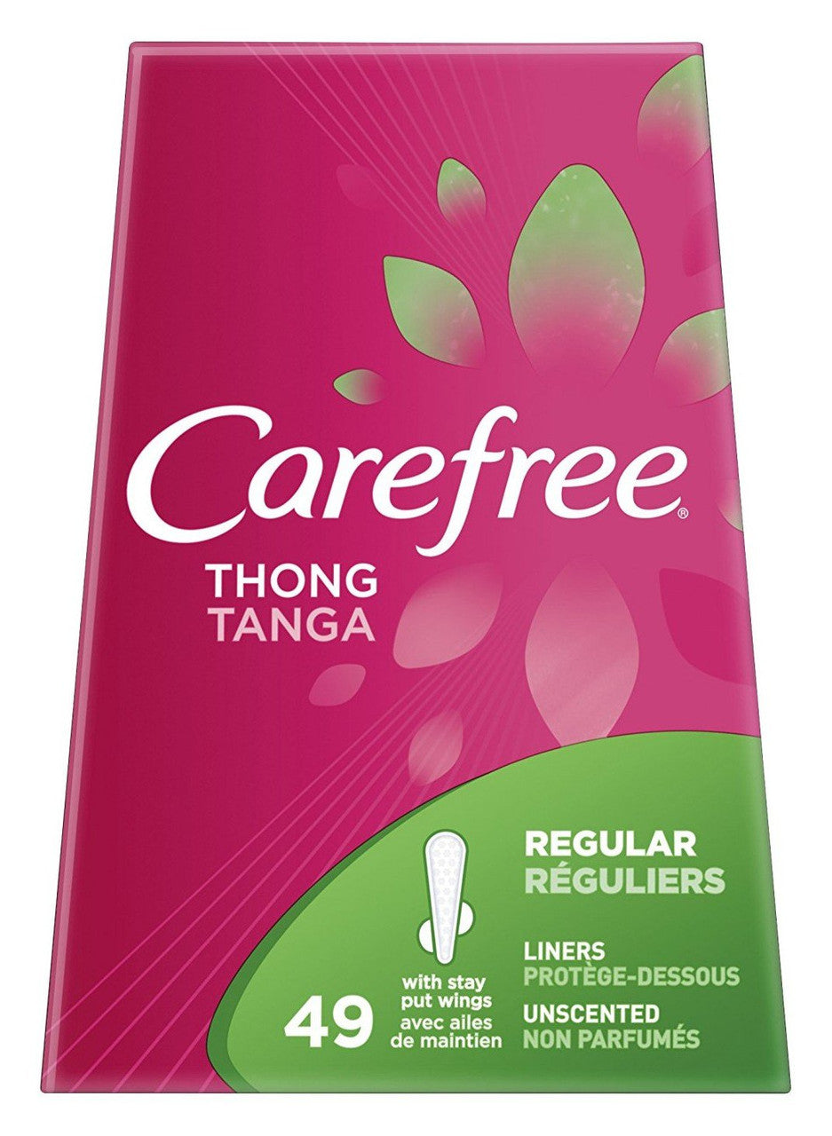 Carefree Thong Pantiliners Regular Unscented With Wings, 49 Ea