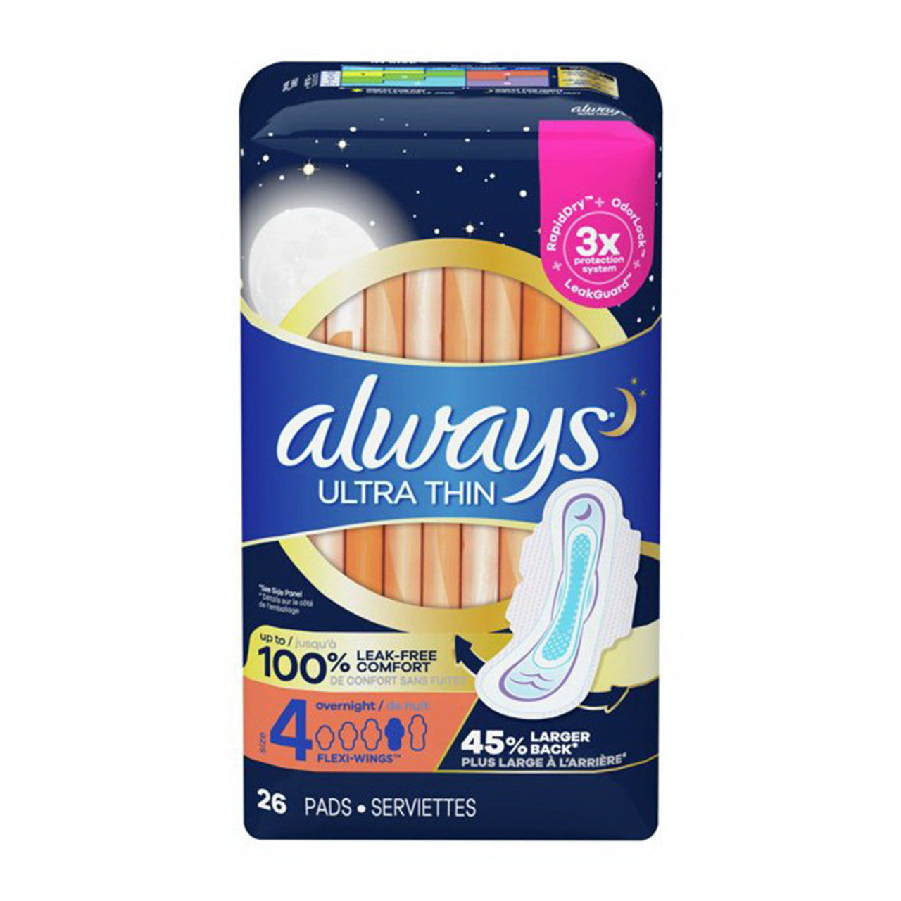 Always Ultra Thin Pads Overnight Absorbency Unscented with Wings, Size 4, 26 Ea