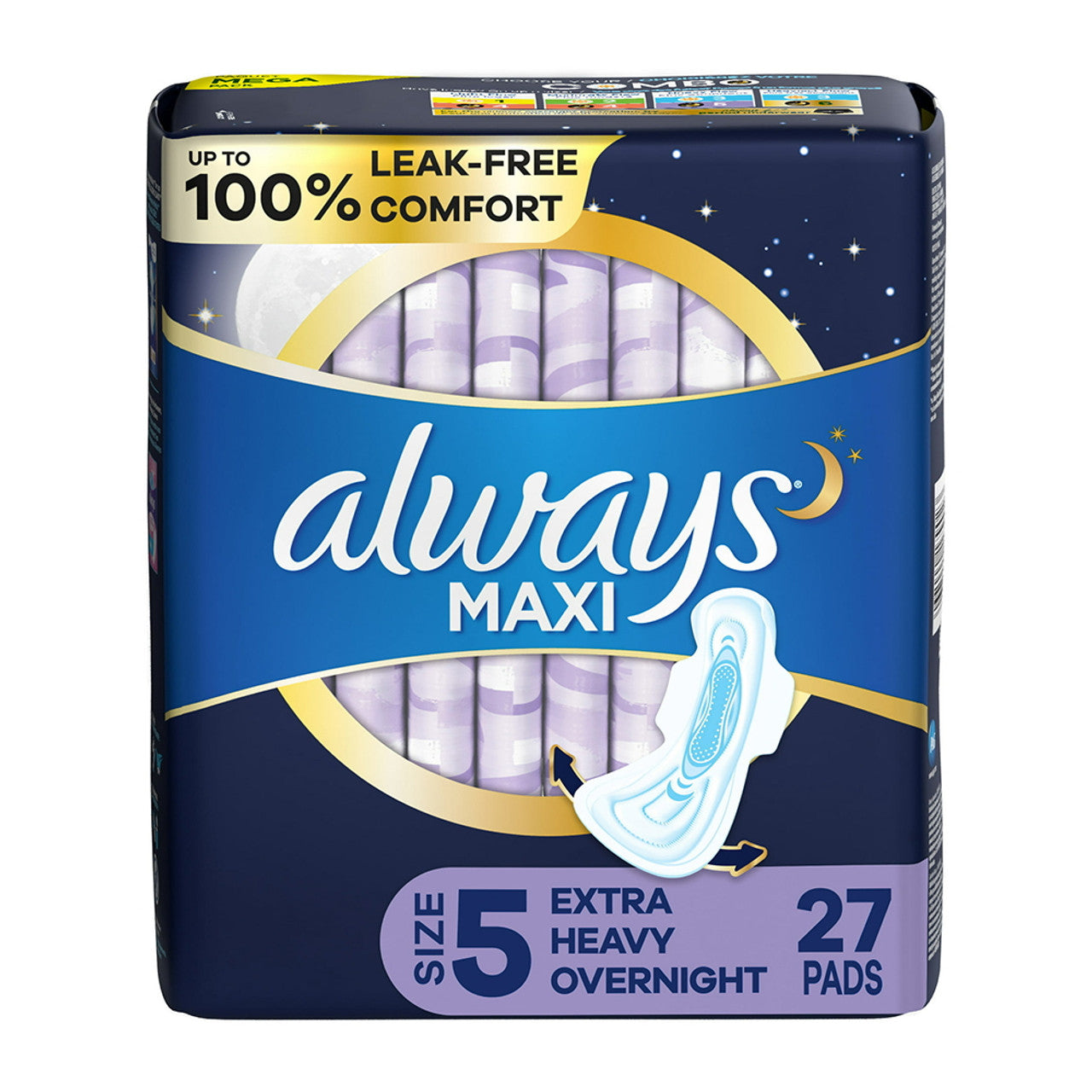 Always Maxi Pads Unscented with Wings Overnight Absorbency Size 5, 27 Ea