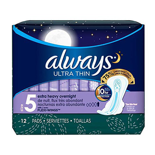 Always Ultra Thin Size 5 Extra Heavy Overnight Pads With Flexi Wings, 12 Ea