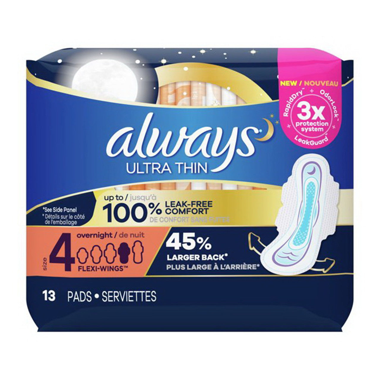 Always Ultra Thin Pads Overnight Absorbency Unscented with Wings, Size 4, 13 Ea