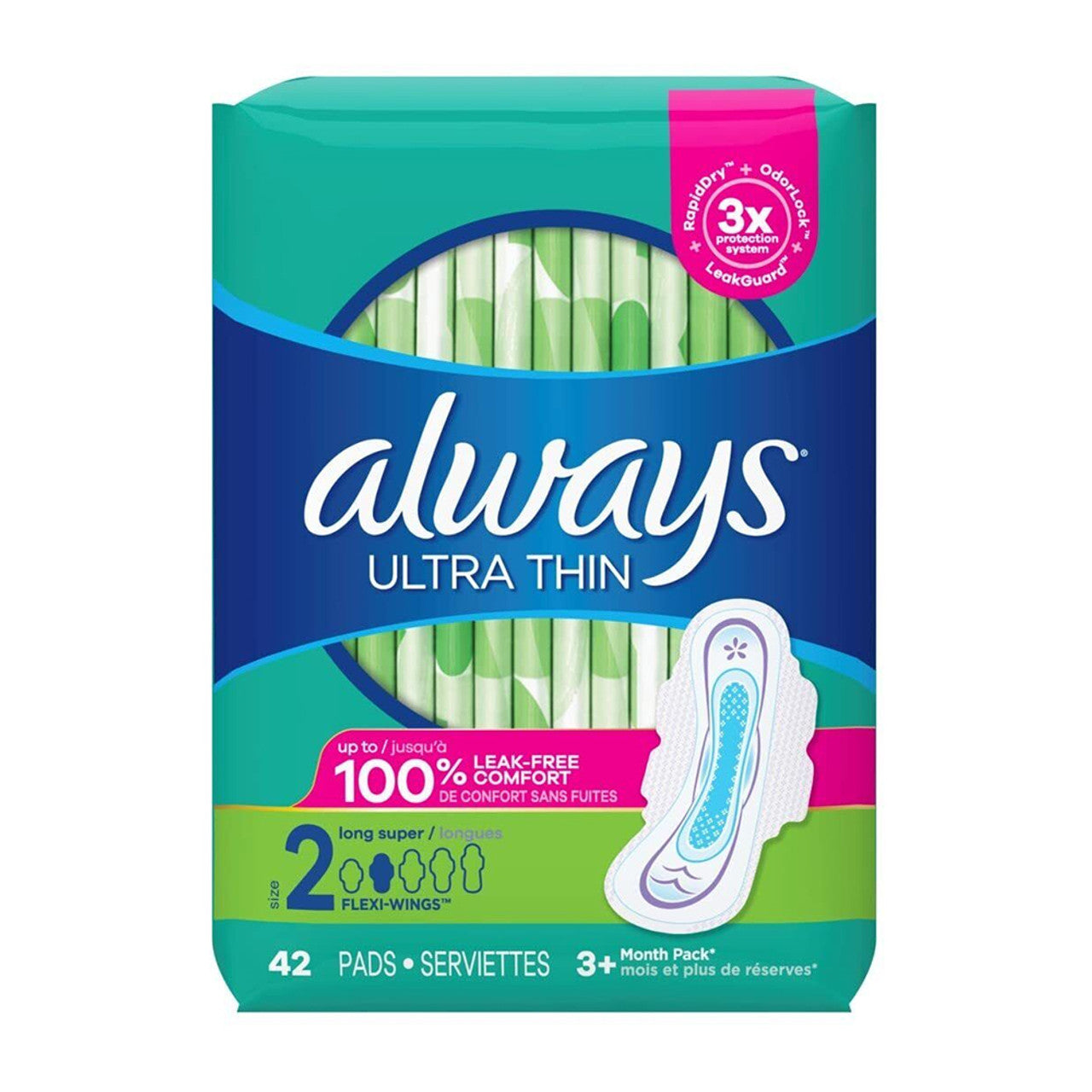 Always Ultra Thin Pads Size 2 Long Absorbency Unscented With Wings, 42 Ct