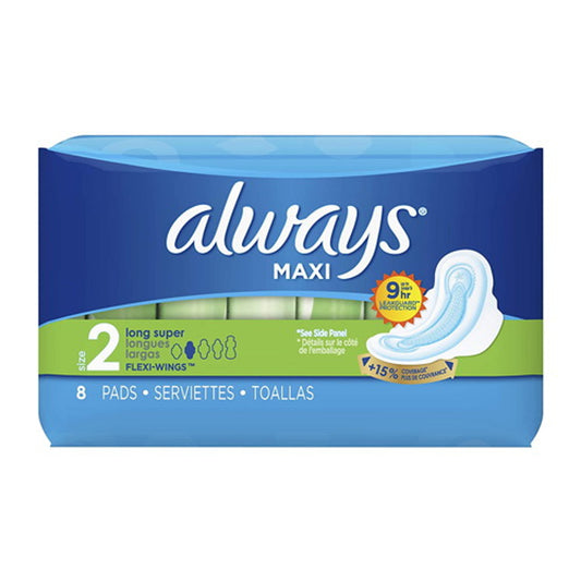 Always Maxi Size 2 Long Super Pads with Flexi-Wings, 8 Count