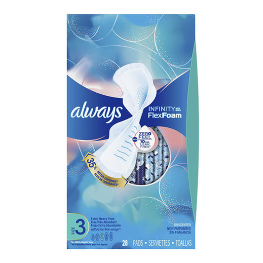 Always Infinity Extra Heavy Sanitary Pads with Wings - Unscented - Size 3 - 28 Count, 6 Pack